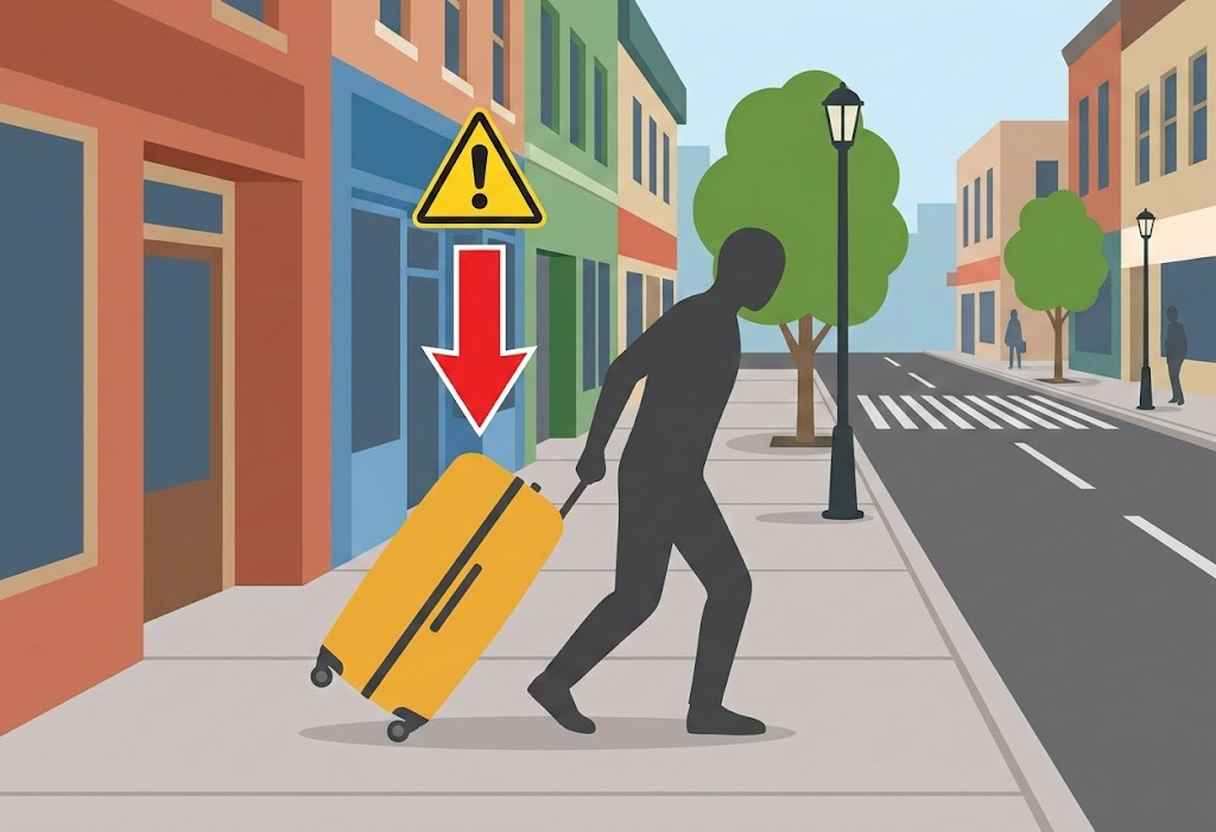 大きなスーツケースを引いた人のイラスト。狭いラーメン店には持ち込めないことが多い