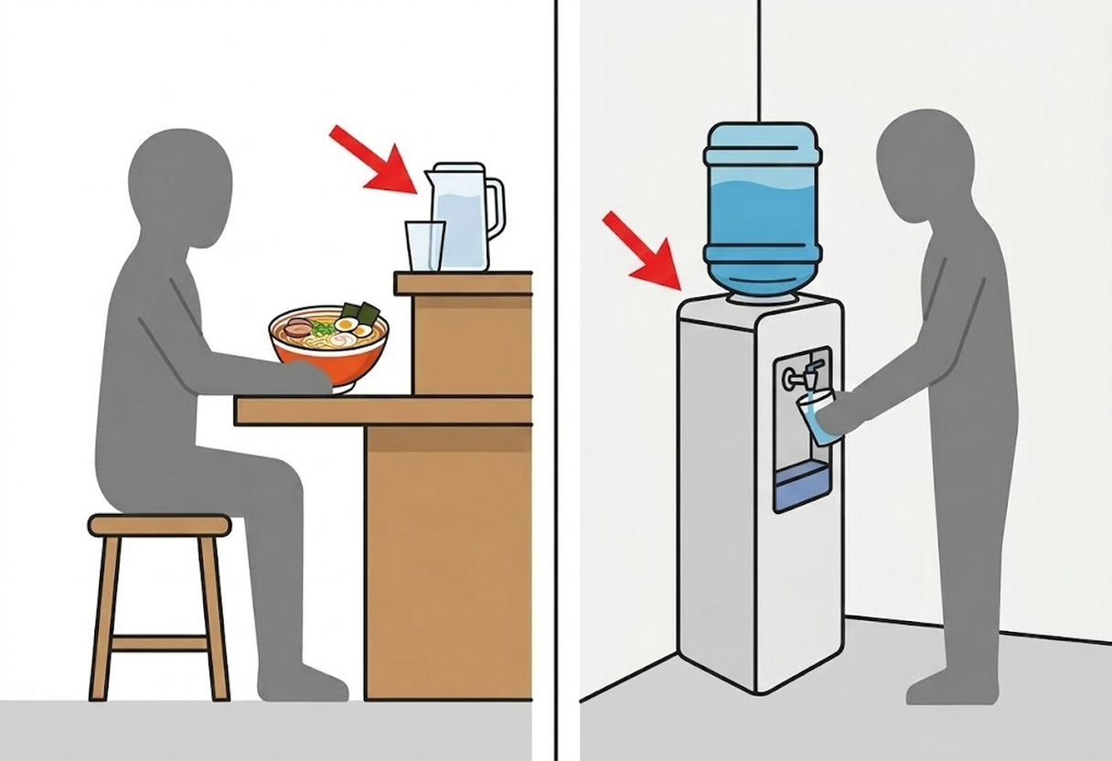 水のセルフサービスのイラスト。カウンター上のピッチャーと壁際のウォーターサーバーの2パターン