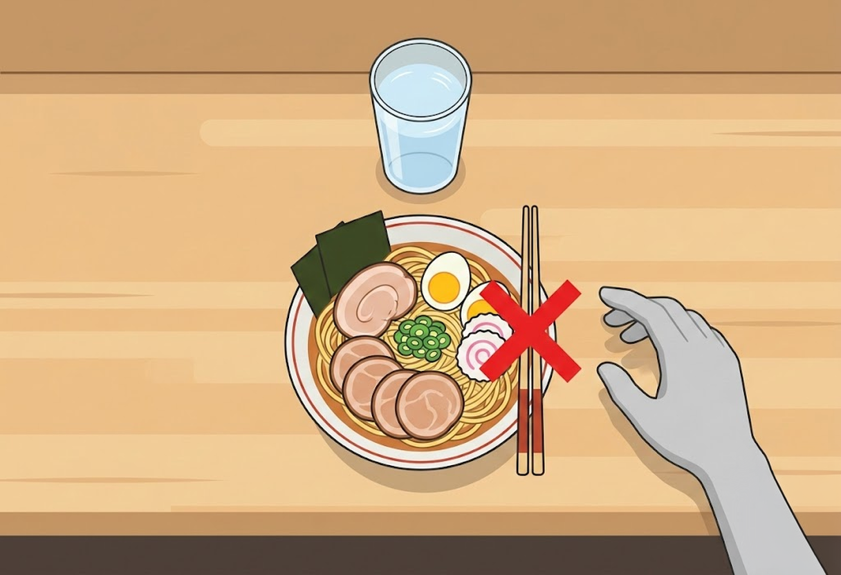 箸の置き場所の注意イラスト。利き腕側に箸を置くと水を取る際にぶつけてしまう危険がある