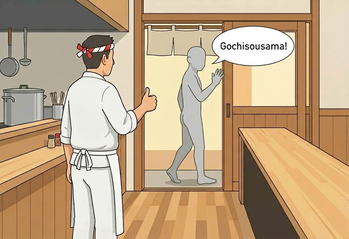 「ごちそうさまでした」と店主に挨拶して退店するイラスト