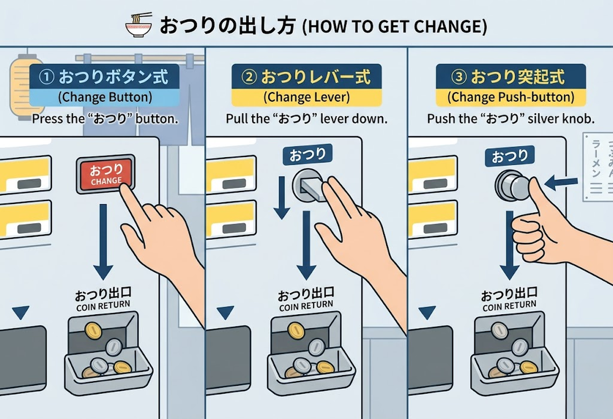 How to get change from a Japanese ramen vending machine - three methods: button, lever, and silver knob