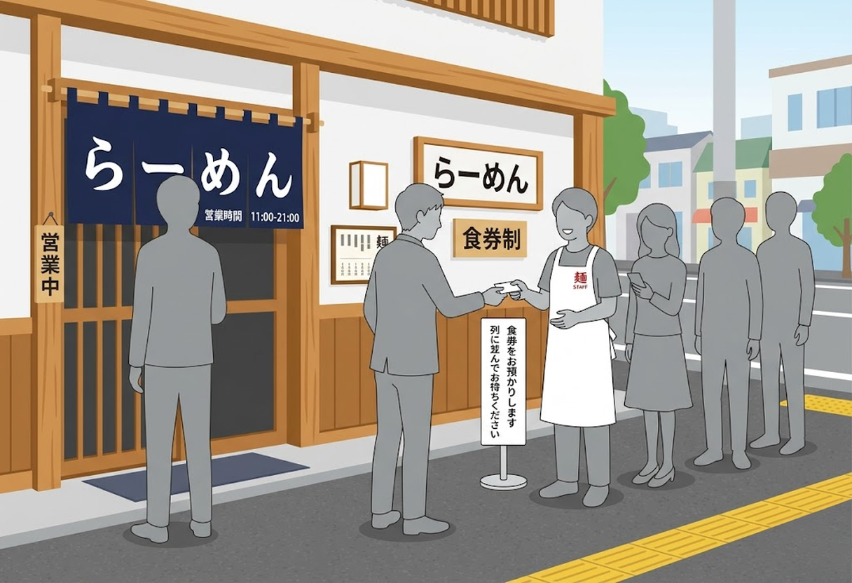 Ramen shop staff collecting food tickets from customers waiting in line outside a Japanese ramen restaurant