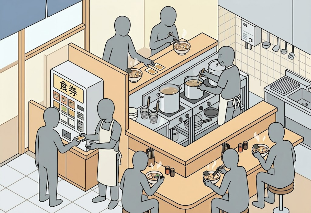 How to hand your ramen ticket to staff near the vending machine in a Japanese ramen shop