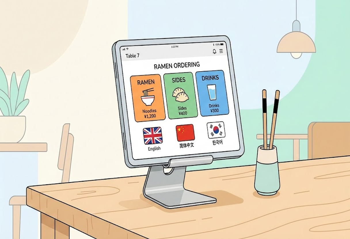 Level 1: タッチパネル式券売機のイラスト。多言語対応で写真付き。