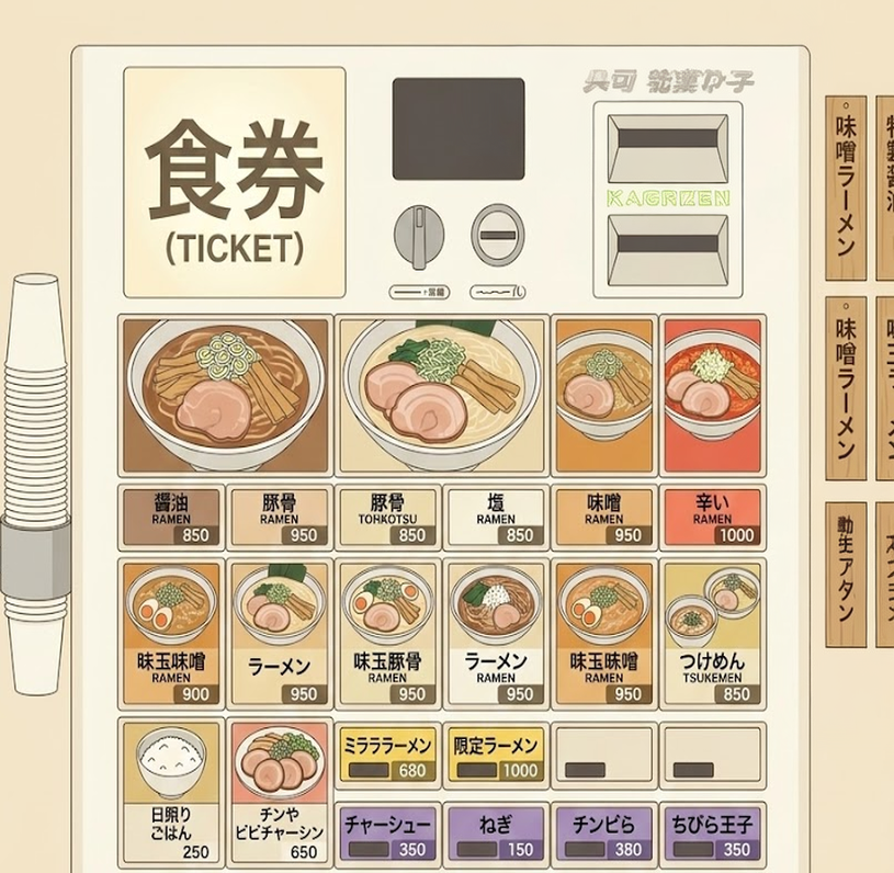 Level 3: 日本語のみの券売機(写真あり)のイラスト。