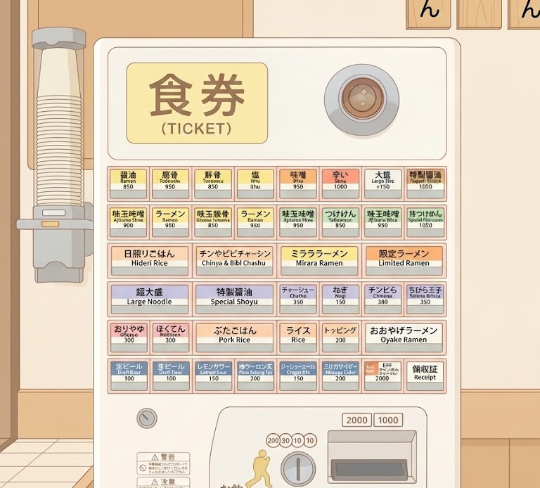 Level 4: 日本語のみ・写真なしの券売機のイラスト。