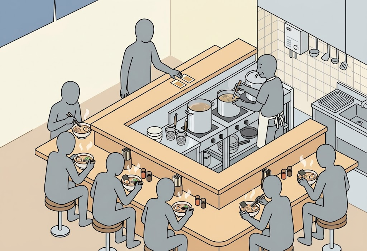 Placing your ramen ticket on the counter at a Japanese ramen shop - the chef will see it and start cooking