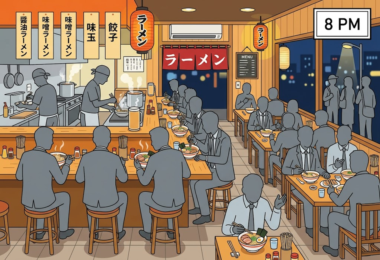 A Japanese ramen shop illustrating the two dinner peaks: one around 6 PM for early diners and another around 8 PM for locals. Strategic timing for ramen in Japan.