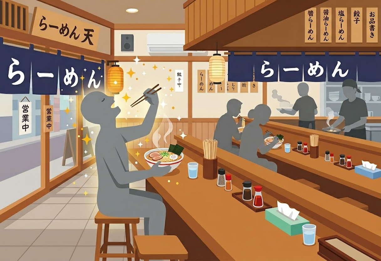 A traveler pondering whether to queue for a famous ramen shop or seek out a less crowded, delicious Japanese ramen restaurant in Japan.