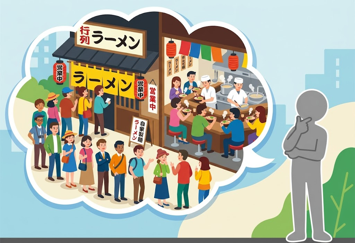 Is it true that Japanese ramen shops are always crowded? An image questioning the common perception about Japan's popular ramen restaurants.