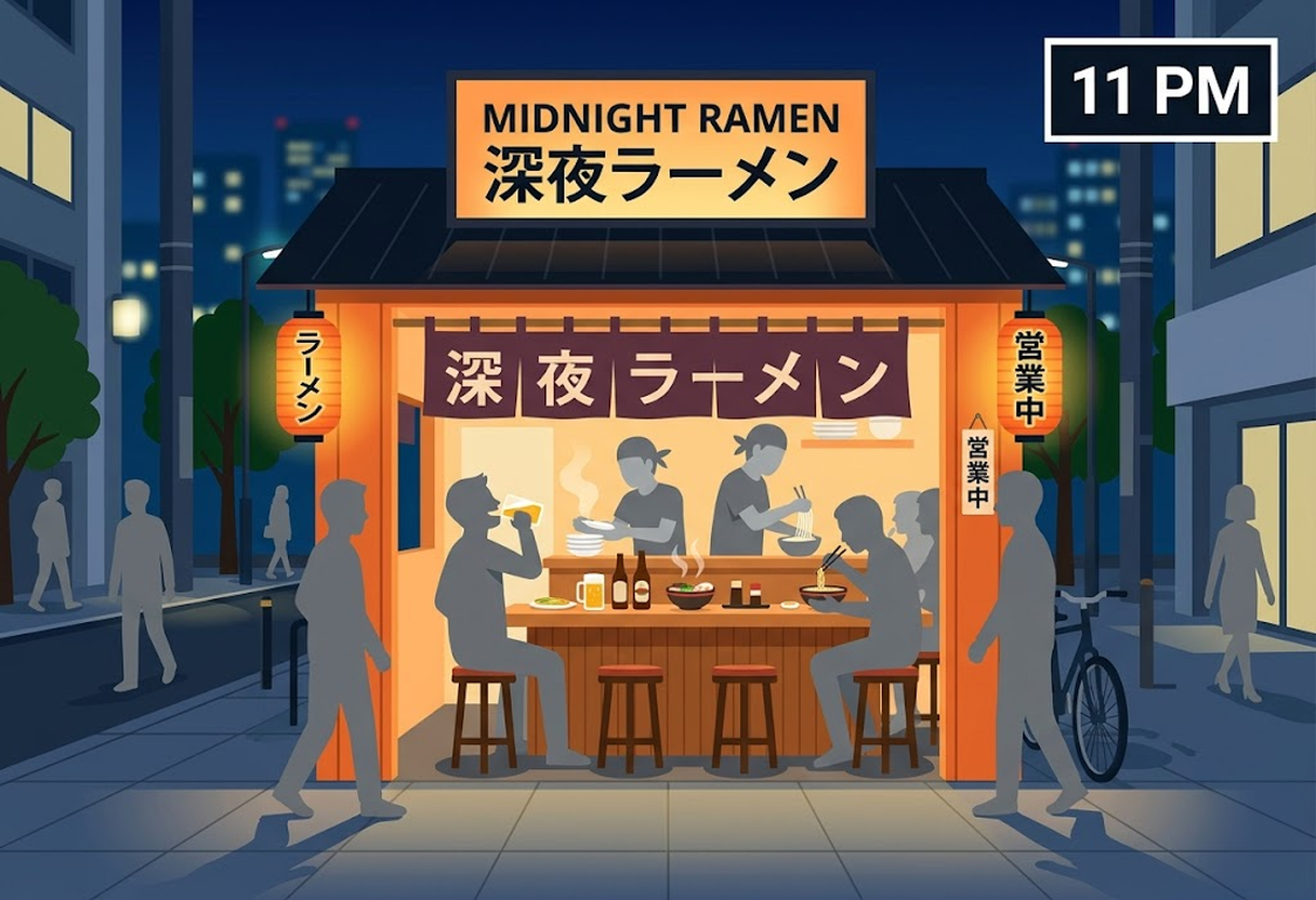 Illustrating the *shime-ramen* culture in Japan, where people enjoy a bowl of Japanese ramen late at night after drinks. A common late-night scene in Japan.