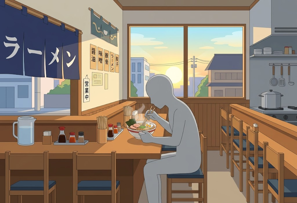 Enjoying a delicious bowl of Asa-Ramen (morning ramen) in Japan before sightseeing, a bonus stage for early birds. Japanese ramen shop.