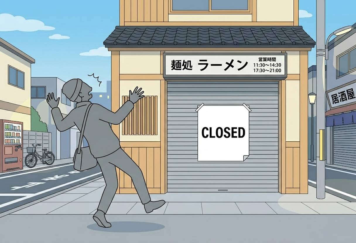 A sign indicating 'nakayasumi' (mid-day break) at a Japanese ramen shop. Around 44% of ramen shops in Japan take a break between 2 PM and 5 PM.