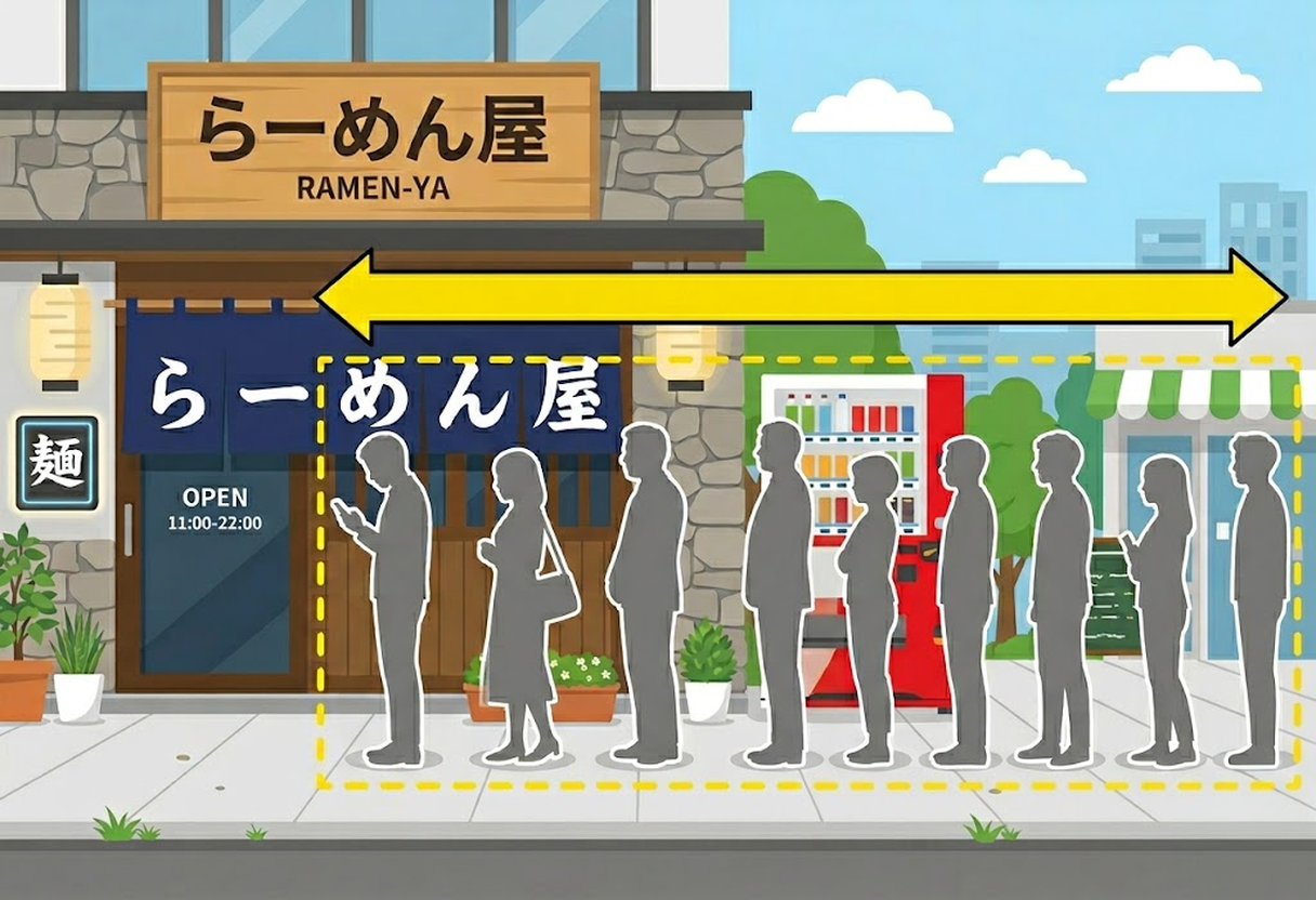 A visual explanation of the 1-Batch Rule to estimate ramen queue waiting times in Japan, helpful for tourists planning their visit to Japanese ramen shops.