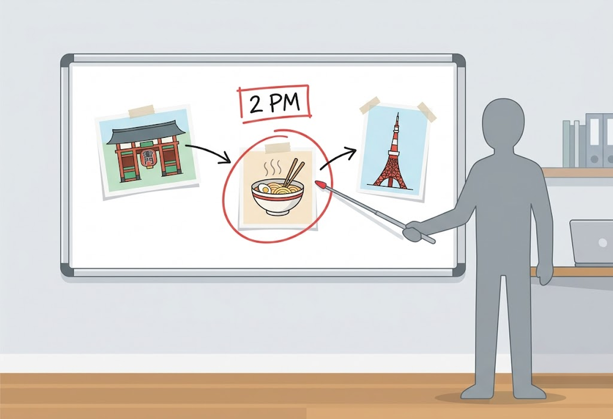 A map illustrating patterns for strategically incorporating Japanese ramen experiences into your travel sightseeing itinerary in Japan.